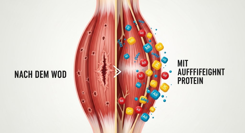 Infografik: Wie Whey Protein im CrossTraining die Muskelproteinsynthese zur Reparatur anregt.