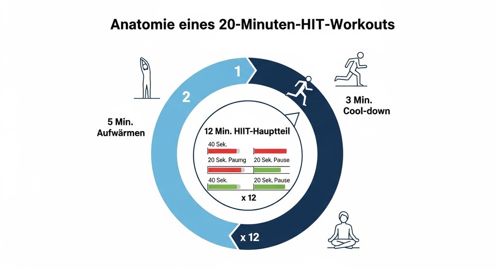 Infografik zur optimalen Dauer und Struktur eines HIIT-Trainings, aufgeteilt in Aufwärmen, Hauptteil und Cool-down.