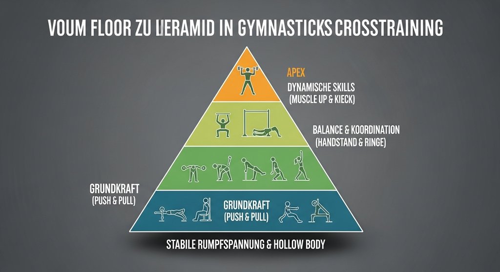 Infografik zur Skill-Pyramide im Gymnastics Crosstraining: von Rumpfspannung zum Muscle-up.