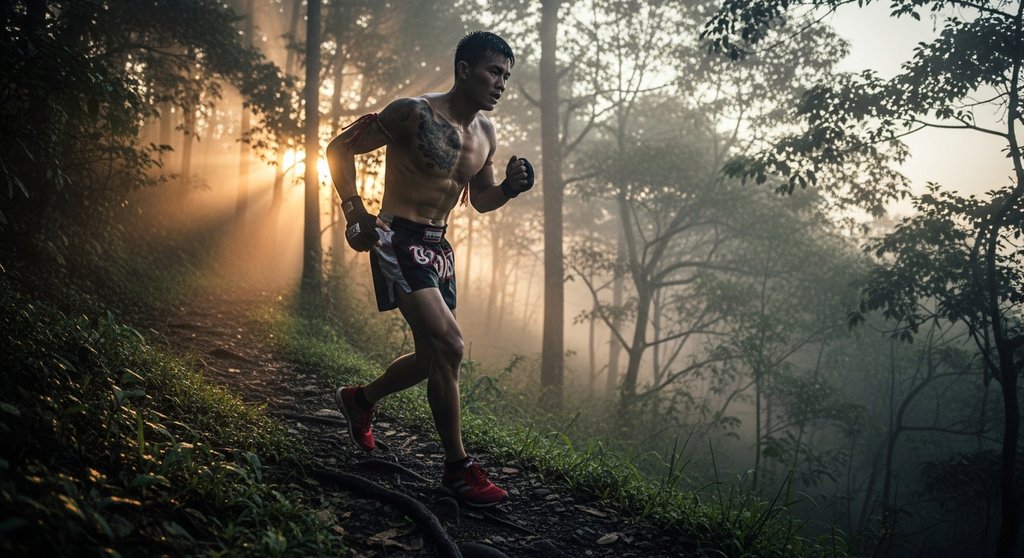Kampfsportler verbessert Ausdauer für den Kampf durch Crosstraining im Wald.