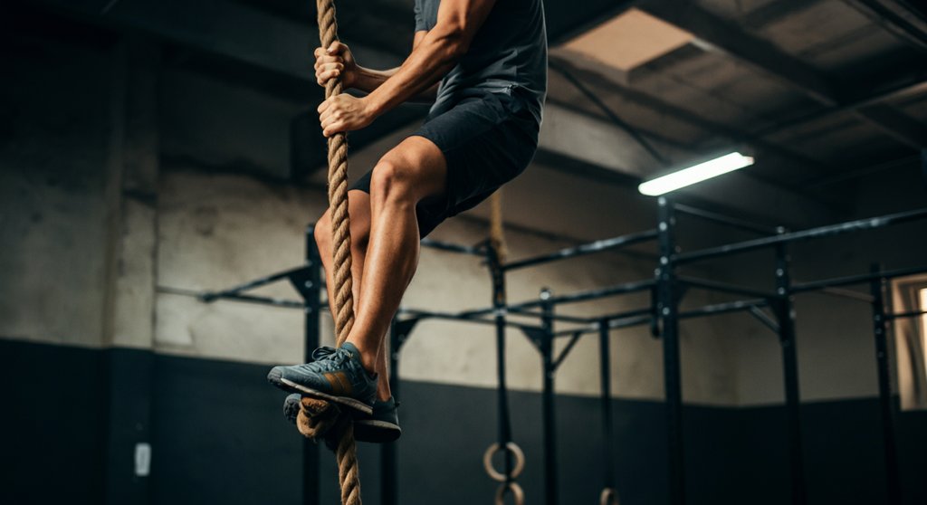 Kontrollierter Abstieg beim Rope Climb, bei dem ein Athlet Hand-über-Hand am Seil heruntergleitet.