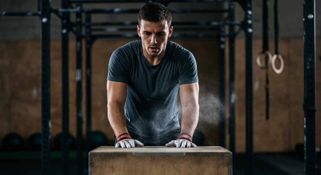Konzentrierter Athlet vor einer hohen Box für Box Jumps, der sich auf den Sprung vorbereitet.