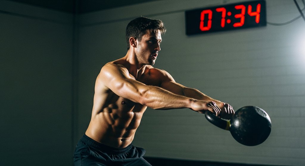 Mann beim AMRAP, einem der erklärten HIIT Begriffe, mit Kettlebell vor einer Zeitanzeige.