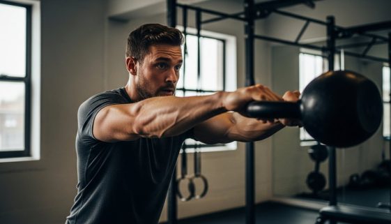 Mann bei einem intensiven HIIT-Workout mit einer Kettlebell als Teil seiner Keto-Strategie für den Fettabbau.
