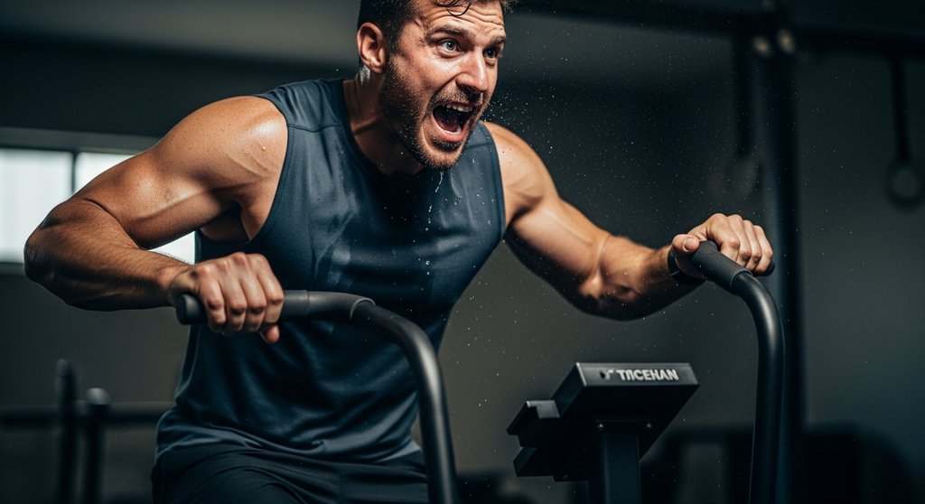 Mann absolviert ein intensives HIIT am Assault Bike mit maximalem Effort im Sprint.
