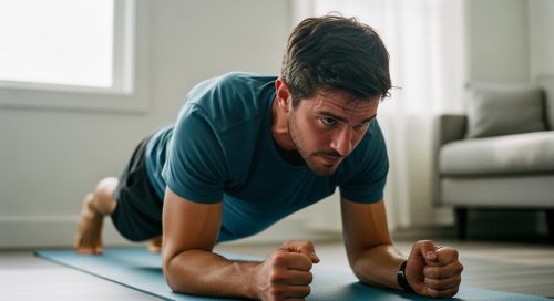 Mann beim intensiven HIIT Bauchmuskeltraining für einen flachen Bauch zu Hause.