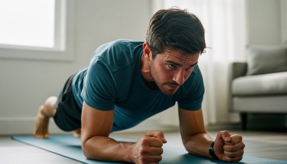 Mann beim intensiven HIIT Bauchmuskeltraining für einen flachen Bauch zu Hause.