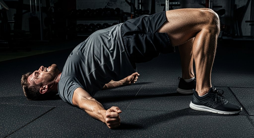 Mann macht die Glute Bridge, eine effektive Übung aus dem Repertoire der HIIT Rückenübungen.