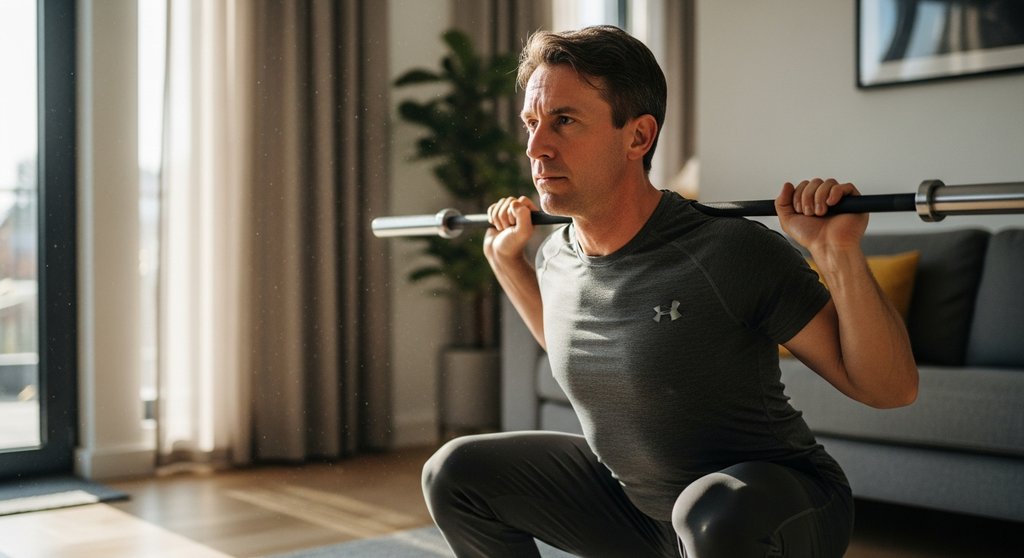 Mann macht eine intensive, aber gelenkschonende Kniebeuge bei seinem Low Impact HIIT Workout.