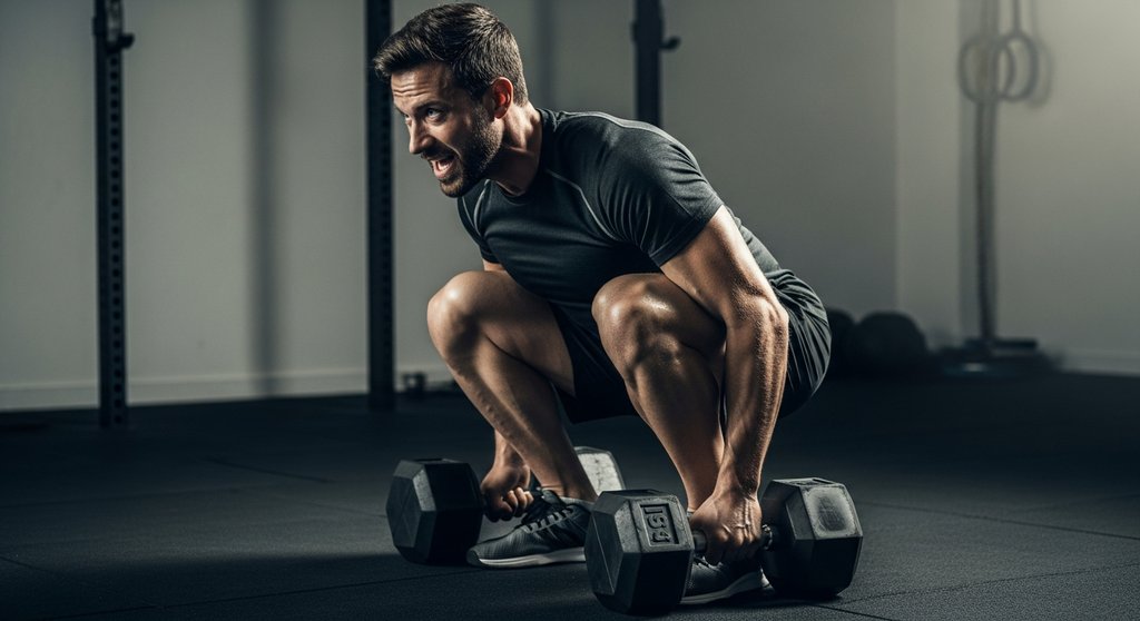 Mann führt explosive Dumbbell Thruster für sein HIIT mit Kurzhanteln durch.