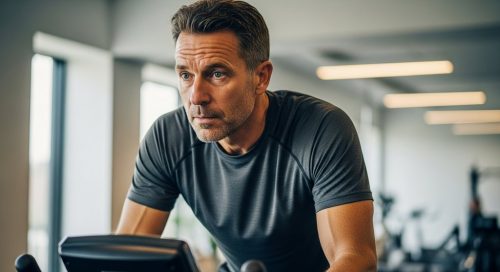 Mann mittleren Alters macht HIIT bei Bluthochdruck auf einem Fahrradergometer.