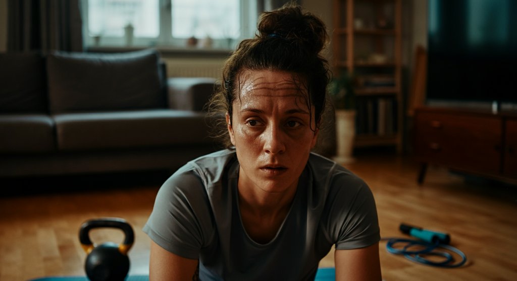 Mann nach dem Crosstraining Workout zuhause erschöpft aber zufrieden
