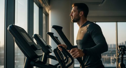 Mann nach einem effektiven Crosstrainer-Training für mehr Ausdauer blickt nachdenklich aus dem Fenster.