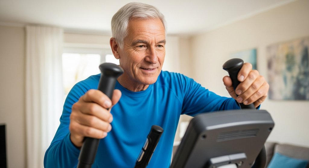 Mann über 70 justiert seinen Crosstrainer für das gelenkschonende Training im Alter.