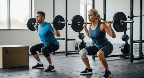 Mann und Frau absolvieren sicheres Crosstraining mit Fokus auf knieschonende Übungen.