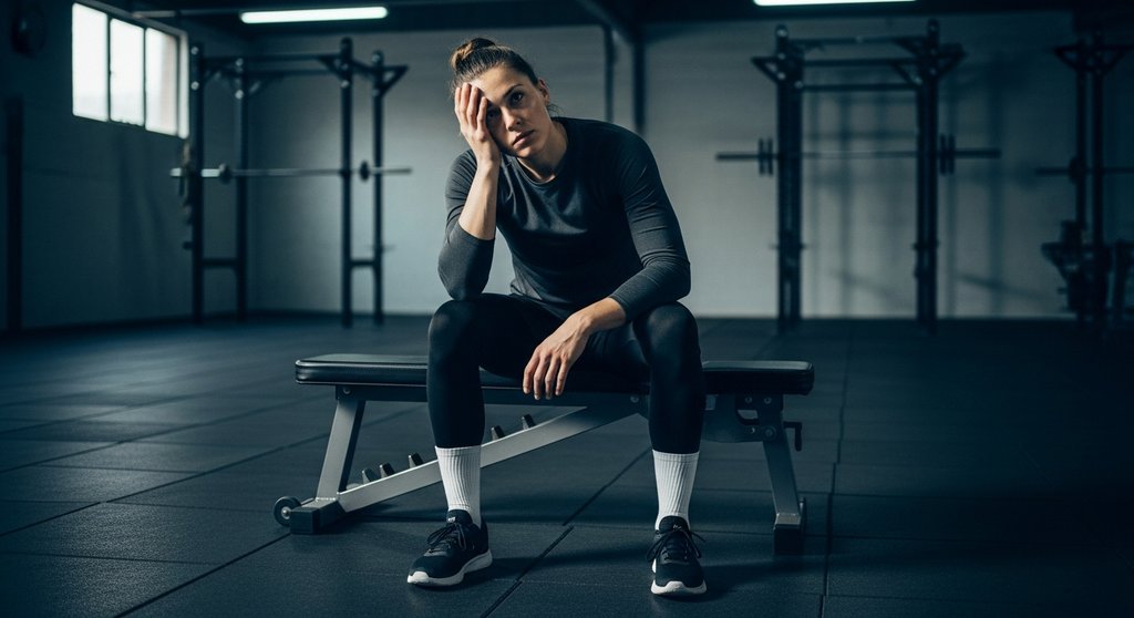 Mental erschöpfter Sportler im Gym als Sinnbild für die psychischen Symptome von Übertraining.