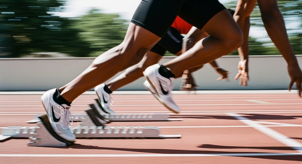 Beine eines Sprinters am Startblock, bereit für ein HIIT-Intervall als Teil des Turbulence Training.