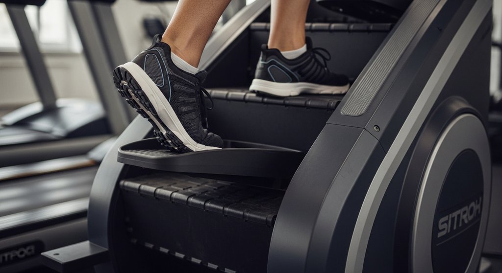Füße in Sportschuhen beim intensiven HIIT auf dem Stairmaster.