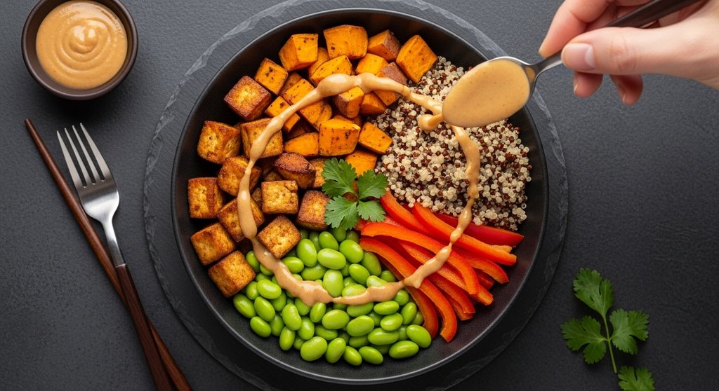 Vegane Buddha Bowl mit Quinoa und Kichererbsen, eine ideale Mahlzeit für die CrossTraining Ernährung.