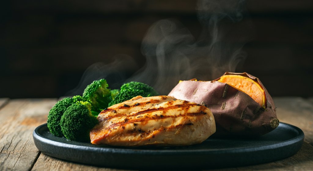 Perfekte Mahlzeit nach dem WOD mit Hähnchen, Süßkartoffel und Brokkoli.