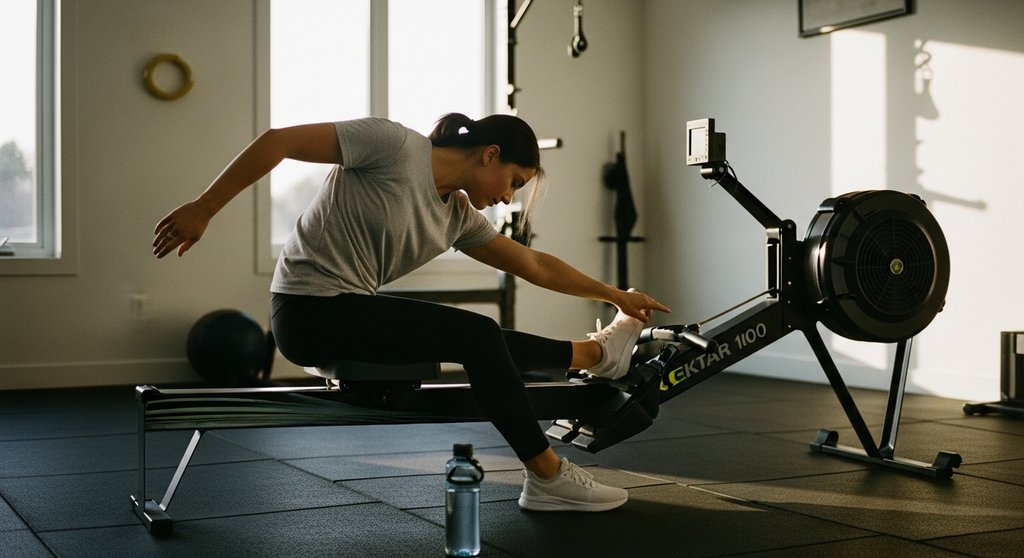 Sportler beim Dehnen nach dem HIIT am Rudergerät für eine bessere Regeneration.