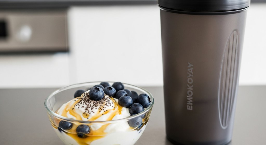 Proteinreiche Mahlzeit mit Magerquark und Beeren zur Regeneration nach dem HIIT-Workout.