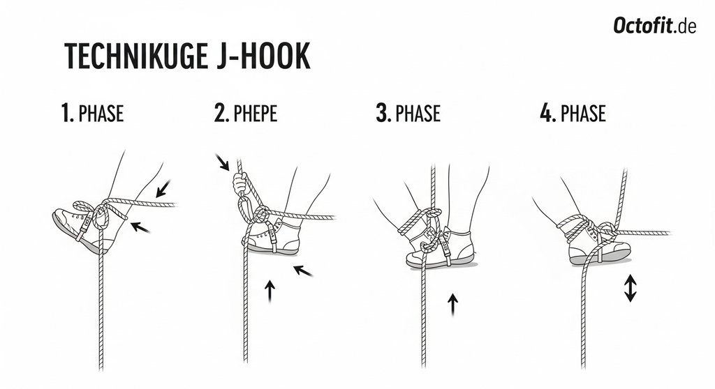 Visuelle Anleitung der J-Hook Technik für Rope Climbs in vier Schritten, um das Seil zu klemmen.