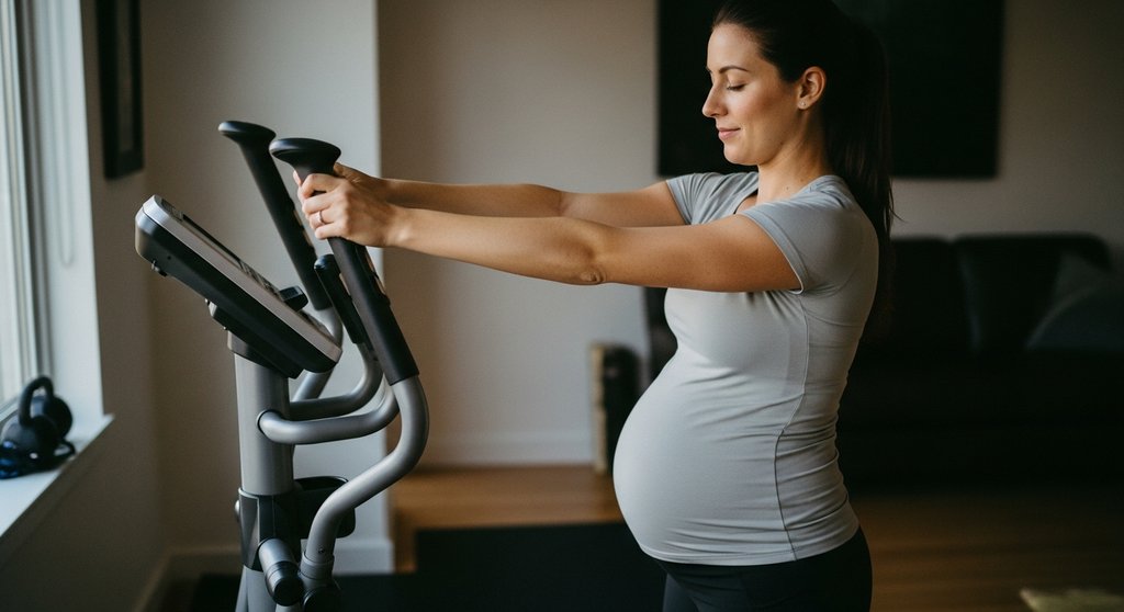 Schwangere Frau dehnt sich nach dem Crosstraining in der Schwangerschaft für ein sicheres Workout.