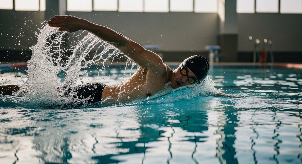 Ein Mann schwimmt Kraul im Schwimmbad, ein effektives Crosstraining für Läufer zur Regeneration.