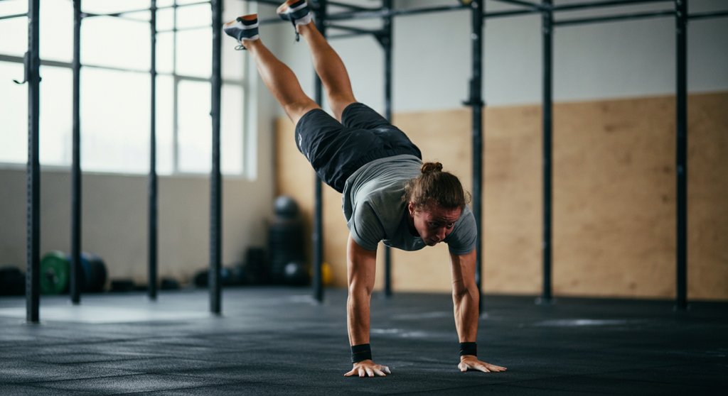 Sportler findet die Balance im freien Handstand, der erste Schritt zum Handstand Walk.