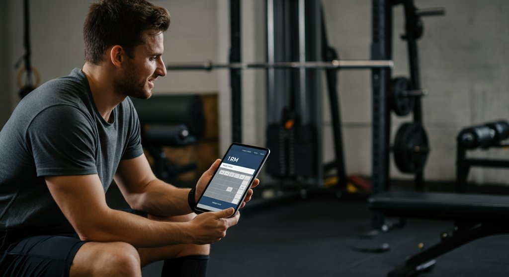 Sportler nutzt einen Online-1RM-Rechner auf einem Tablet zur Trainingsplanung.