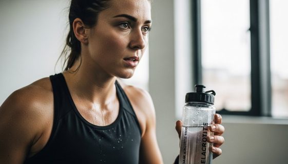 Sportlerin trinkt nach einem intensiven HIIT Training einen Elektrolytdrink zur Hydratation.