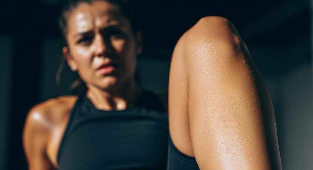 Sportlerin verspürt während eines HIIT Workouts einen Muskelkrampf in der Wade, ein Zeichen für Elektrolytmangel.