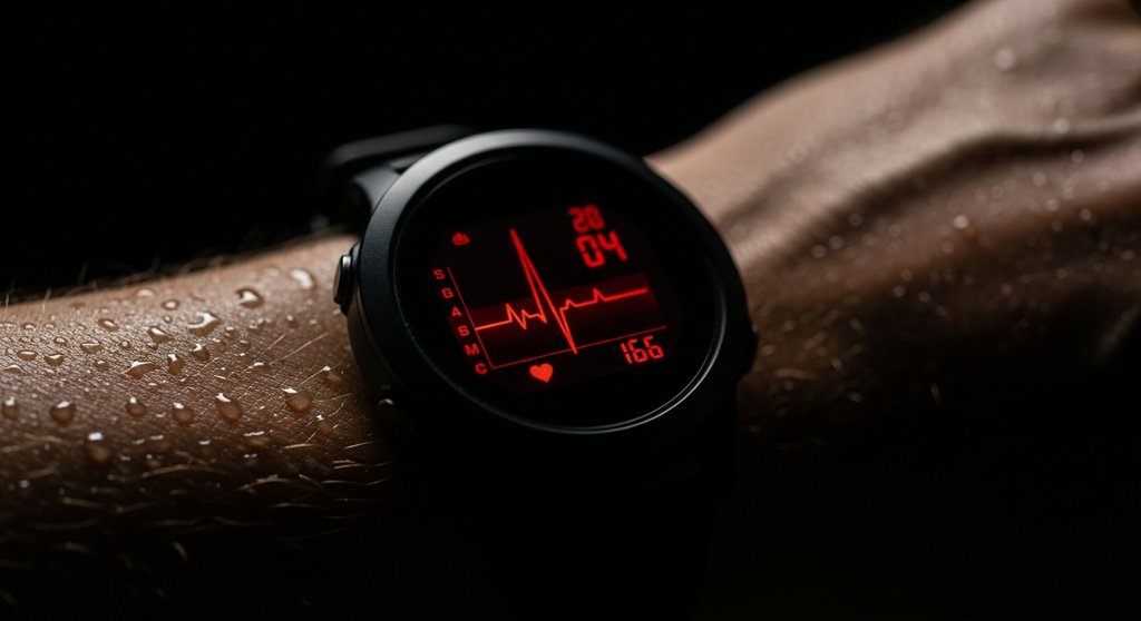 Sportuhr am Handgelenk eines Athleten zeigt eine hohe Herzfrequenz während eines HIIT-Trainings.