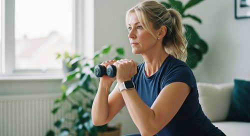 Starke Frau um die 50 macht HIIT-Training in den Wechseljahren zu Hause.