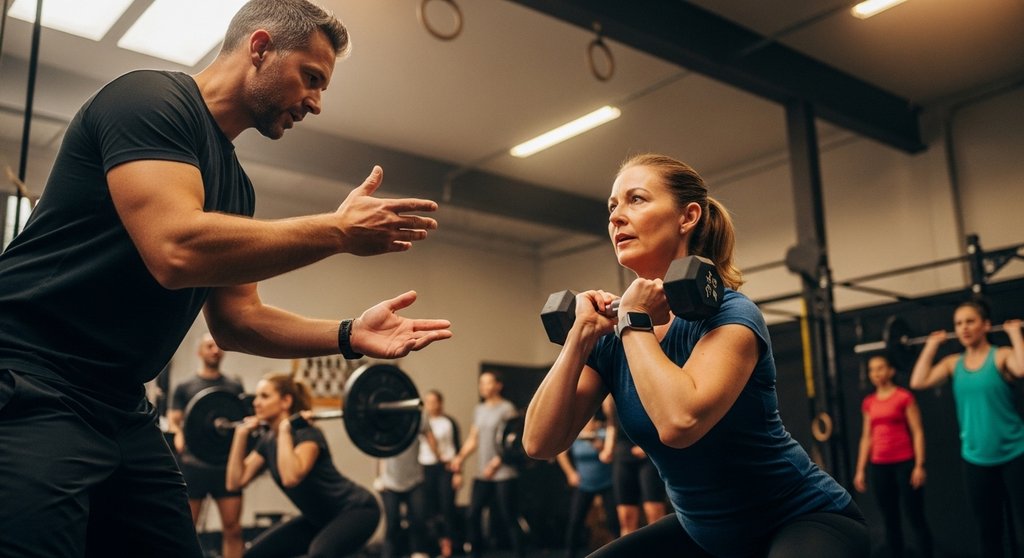 Was ist Crosstraining: Ein Coach hilft einer Anfängerin bei der Kniebeuge mit korrekter Technik.