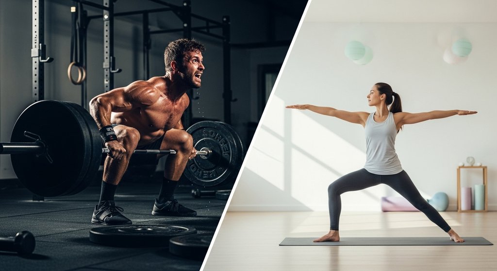 Gespaltenes Bild: Krafttraining vs. Yoga als beste Sportarten für ausgleichendes Crosstraining.