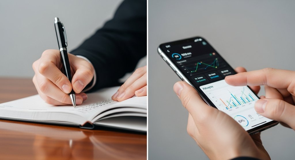 Gegenüberstellung, ob man ein analoges Trainingslogbuch führen oder eine digitale Fitness-App nutzen sollte.