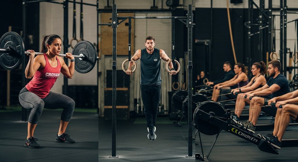 Collage mit Laufen, Gewichtheben und Turnen als Bausteine für einen Crosstraining Trainingsplan für 5 Mal pro Woche.