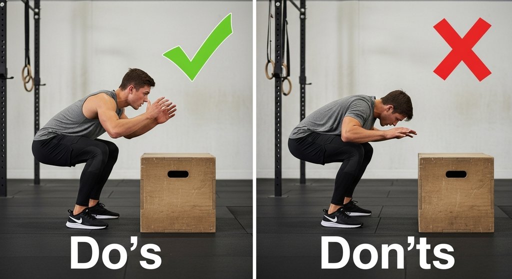 Vergleich der korrekten und falschen Technik bei Box Jumps zur Fehlervermeidung.
