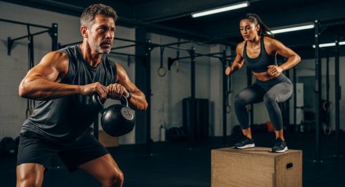 Zwei Athleten bei intensiven Crosstraining Übungen in einer Fitness-Box.