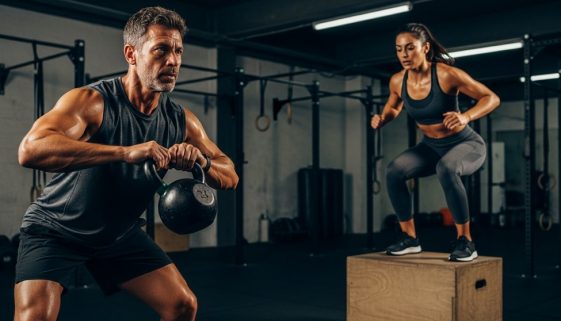 Zwei Athleten bei intensiven Crosstraining Übungen in einer Fitness-Box.