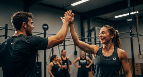 Zwei Athleten klatschen sich in einer Crosstraining-Box nach einem harten Workout ab.