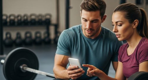 Zwei Athleten nutzen einen Crosstraining WOD Generator auf dem Smartphone in der Box.