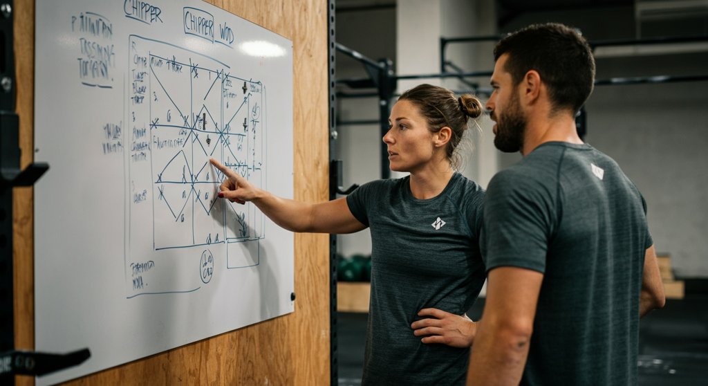 Zwei Athleten planen ihre Strategie für ein komplexes Crosstraining Chipper WOD an einem Whiteboard.