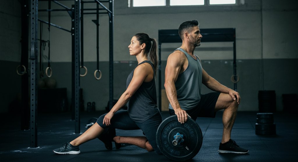 Zwei Athleten symbolisieren die 10 Domänen der Fitness im Crosstraining.