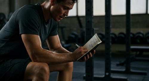 Erschöpfte, aber entschlossene Person blickt nach dem Training auf ihren Push Pull Beine Trainingsplan.