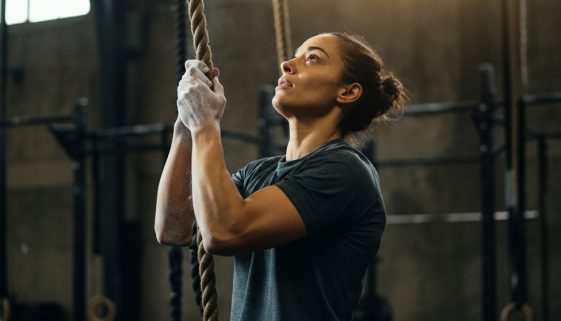 Ein Athlet blickt konzentriert zu einem Seil hoch, bevor er mit den Rope Climbs beginnt.