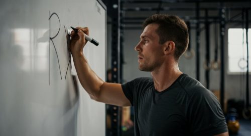 Fokussierter Athlet nach einem RX Crosstraining-Workout, der 'RX' an ein Whiteboard schreibt.