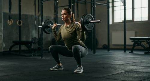 Fokussierte Frau beim Krafttraining nach ihrem Trainingsplan für Bauch, Beine, Po.